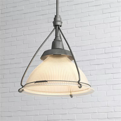 Vintage Industrial Pendant Light with Ribbed Shade and Black Metal Frame Against White Brick Wall 3d model