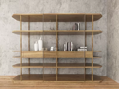 Wooden Multi Tiered Display Shelf With Vases Books Decor On Gray Wall And Wood Floor 3d model