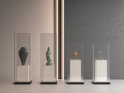 Transparent Display Cases With Green Vase Statue Gold Camel And Animal Figurines On Light Floor 3d model