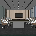 Modern Conference Room With Long Table White Brown Chairs Large Screen And Windows