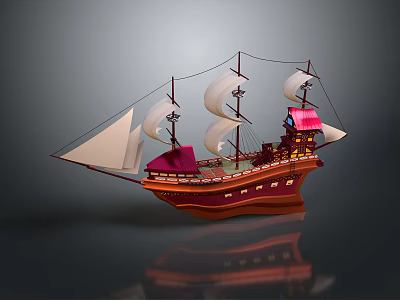 Detailed Pirate Ship Model With White Sails Red Hull And Skull Flag 3d model