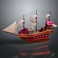 Detailed Pirate Ship Model With White Sails Red Hull And Skull Flag