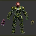 3D Armored Character And Mechanical Creatures With Red Helmet Gold Green Armor