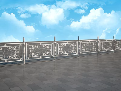 Ornate Metal Balcony Railing with Gray Tiled Floor and Blue Sky White Clouds Background 3d model