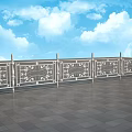 Ornate Metal Balcony Railing with Gray Tiled Floor and Blue Sky White Clouds Background