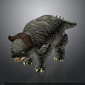 Fantasy Creature With Gray Scaly Skin Brown Horns Yellow Eyes Open Mouth And Yellow Claws