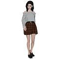 Woman with Gray Hair Wearing White Off Shoulder Top and Brown Plaid Skirt
