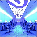Modern Internet Cafe Interior Design With Red And White Wavy Ceiling And Leather Gaming Chairs