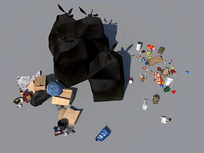 Garbage Pile With Black Trash Bags And Scattered Waste Including Plastic Bottles And Cardboard 3d model