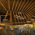 Elegant Stage Setup With Golden Lighting Beams LOGO And Round Tables
