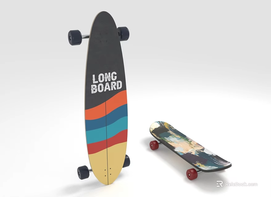 Colorful Longboard and Skateboard Sports Equipment with Stripes Printed Graphics and Red Wheels 3d model 