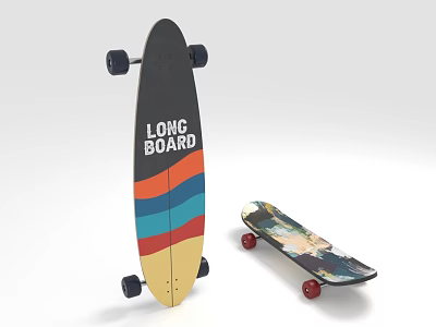 Colorful Longboard and Skateboard Sports Equipment with Stripes Printed Graphics and Red Wheels 3d model