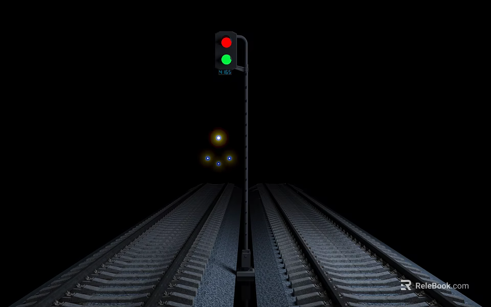 Railway Signal With Red Light Illuminated Along Railway Track At Night With Distant Lights 3d model 