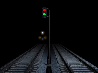 Railway Signal With Red Light Illuminated Along Railway Track At Night With Distant Lights 3d model