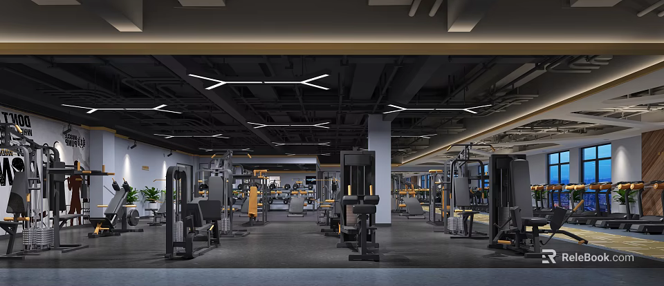 Modern Fitness Gym Interior With Spacious Area And Various Training Equipment 3d model 