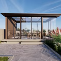 Villa Balcony With Glass Structure Wooden Dining Set Green Plants And Stone Pavement