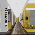 Modern Office Corridor Featuring Welcome Sign Arrow Wooden Floor Yellow Display And Green Decorative Balls