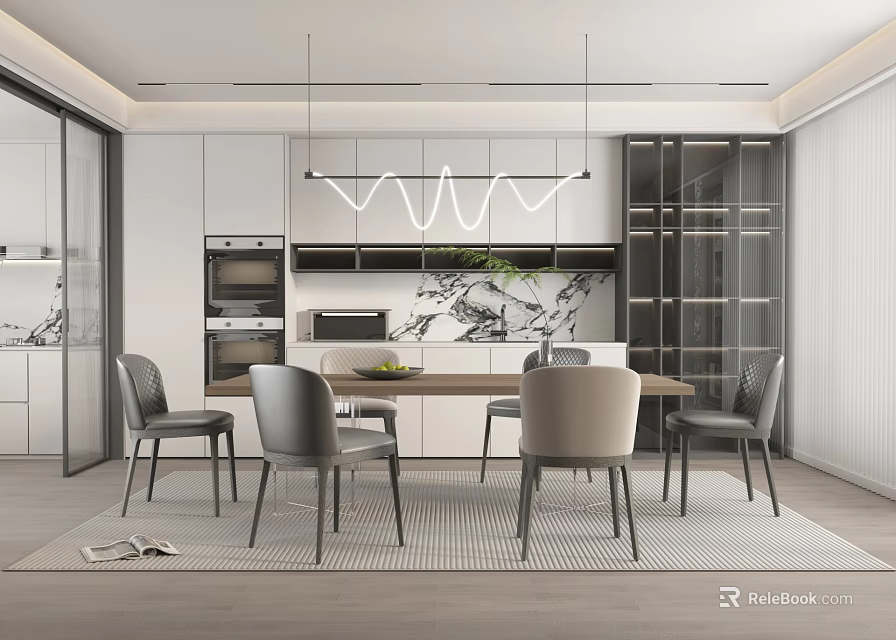 Modern Restaurant Interior With Dining Table Chairs Pendant Lights And Open Design 3d model