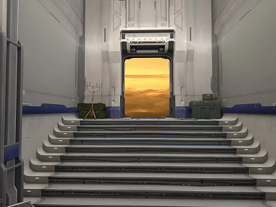 Futuristic Indoor Structure With Stairs Glowing Door Metallic Walls And Crates 3d model