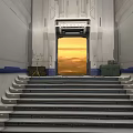 Futuristic Indoor Structure With Stairs Glowing Door Metallic Walls And Crates