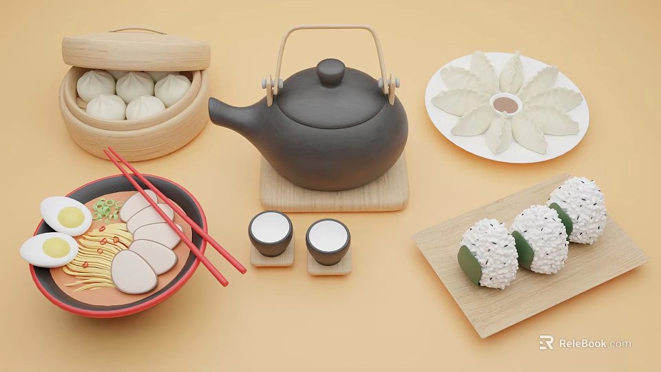 Traditional Asian Food Selection With Steamed Buns Dumplings Ramen Sushi Rolls And Teapot 3d model 