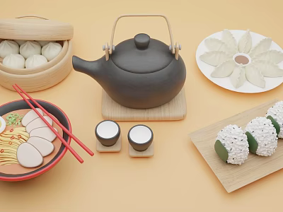 Modern food gourmet food breakfast lunch dinner dumplings rice balls noodles teapot 3d model