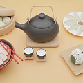 Traditional Asian Food Selection With Steamed Buns Dumplings Ramen Sushi Rolls And Teapot