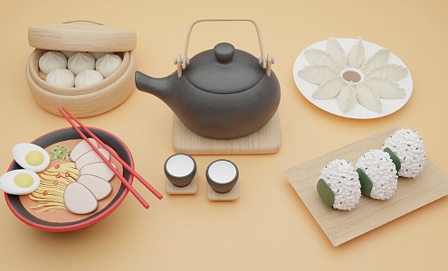 Modern food gourmet food breakfast lunch dinner dumplings rice balls noodles teapot 3d model