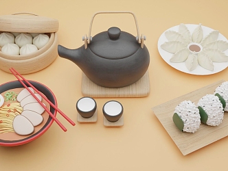 Modern food gourmet food breakfast lunch dinner dumplings rice balls noodles teapot 3d model