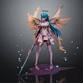 Fantasy Female Character With Blue Long Hair Colorful Wings Holding Sword And Floating Petals