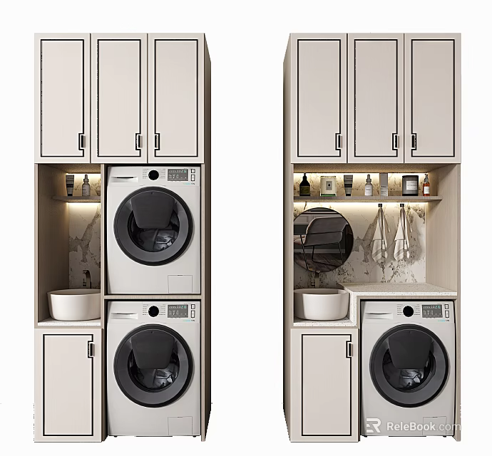 Modern Bathroom Cabinet With Washing Machine Dryer Storage Mirror And Lighting 3d model 