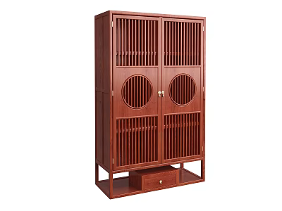 Wooden Decorative Cabinet with Lattice Doors and Circular Patterns and Bottom Drawer for Storage 3d model