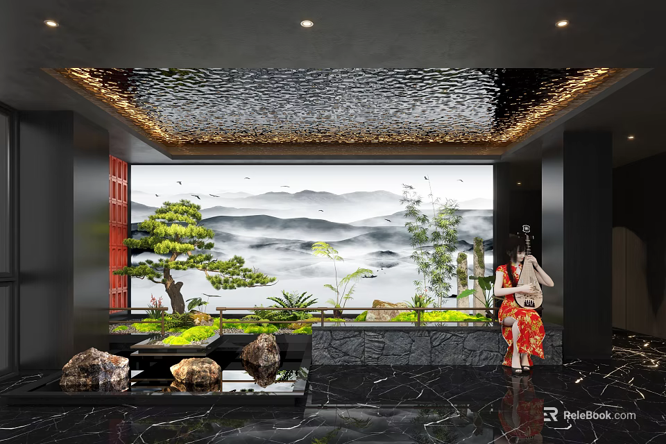 Elegant Hotel Corridor Design With Traditional Mountain Landscape Wall Green Plants And Stone Features 3d model 
