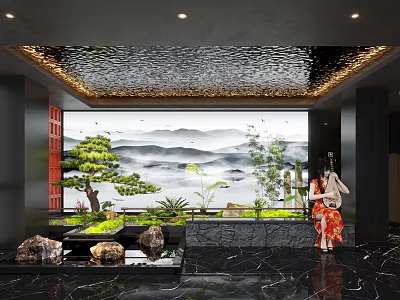 Elegant Hotel Corridor Design With Traditional Mountain Landscape Wall Green Plants And Stone Features 3d model