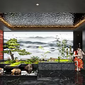 Elegant Hotel Corridor Design With Traditional Mountain Landscape Wall Green Plants And Stone Features
