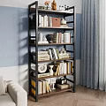 Modern Minimalist Bookcase With Multi Tiered Shelves Books Decorative Items Blue Wall And Gray Curtains