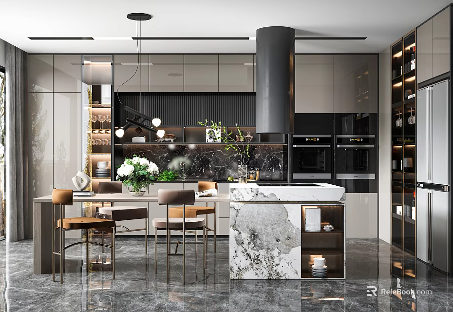 Modern Kitchen Interior Design With Marble Island Countertop Cabinets And Pendant Lights 3d model 