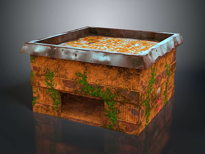 Wooden Box Shaped Building With Rusted Surface And Green Plants Covered Orange Particles On Top 3d model