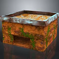 Wooden Box Shaped Building With Rusted Surface And Green Plants Covered Orange Particles On Top