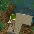 Natural Garden Landscape with Waterfall Wooden Bridge Reeds and Person by Water Area