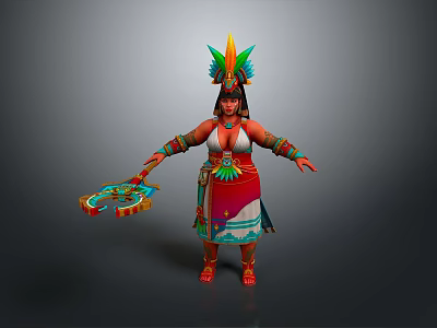 Woman In Vibrant Traditional Attire With Feathered Headdress Holding Colorful Decorative Handheld Ornament 3d model