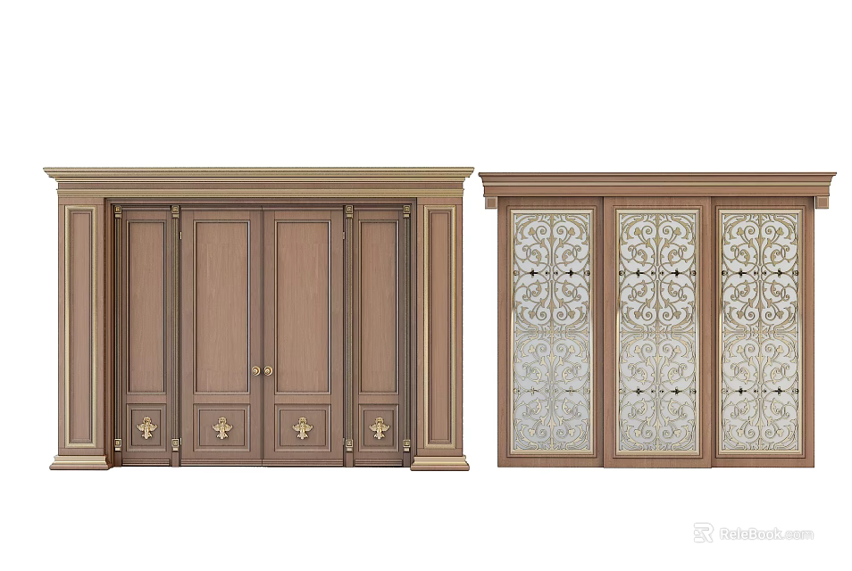 Elegant Double Doors With Wooden Frame Glass Panels And Decorative Accents 3d model 