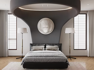 Modern Bedroom Interior With Gray Wall Circular Sculpture Floor Lamps And Shutter Windows Double Bed 3d model