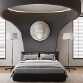 Modern Bedroom Interior With Gray Wall Circular Sculpture Floor Lamps And Shutter Windows Double Bed