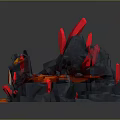 Gray Stone Crater Structure With Orange Lava And Red Spiky Formations In 3d model