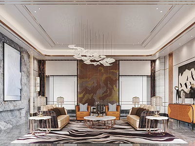 Modern Living Room Interior With Sofa Coffee Table Chandelier And Patterned Rug 3d model