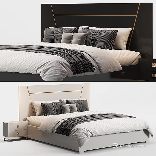 Modern Double Bed with Black and White Headboard Gray Pillows and Striped Bedding and Nightstand 3d model 