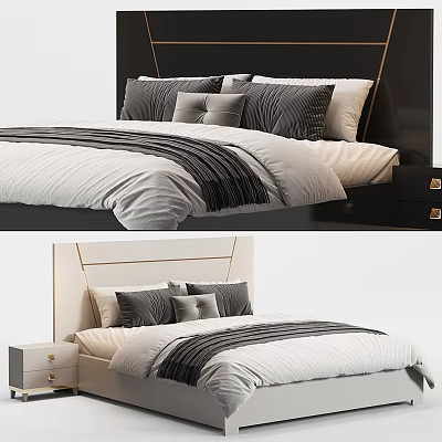 Modern Double Bed with Black and White Headboard Gray Pillows and Striped Bedding and Nightstand 3d model
