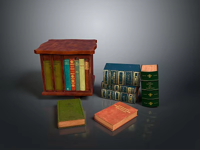 Small Brown Wooden Bookcase With Colorful Books And Stacked Volumes On Dark Table 3d model