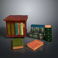 Small Brown Wooden Bookcase With Colorful Books And Stacked Volumes On Dark Table